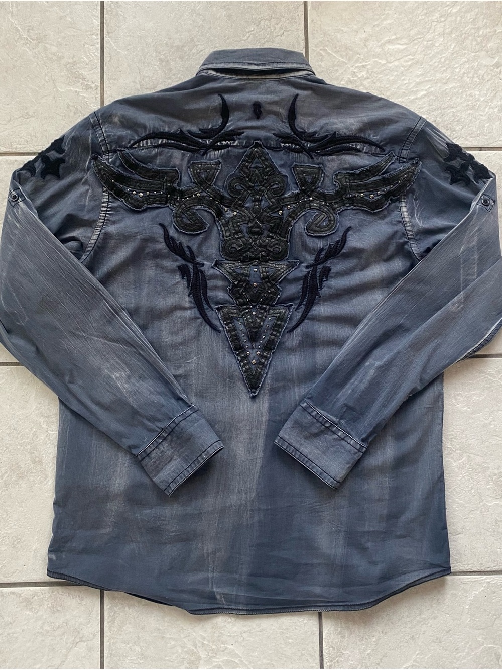 Roar Devoe XL Shirt Grey Washed Embroidered Faux Leather Graphic Y2K Style LS